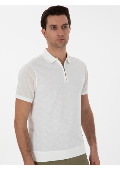 Ekru Regular Fit Fermuarlı Polo Yaka Desenli T-shirt Bej