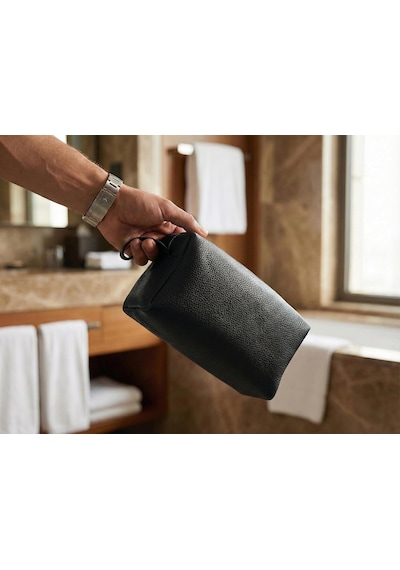 Deri Erkek Bakım Çantası Seyahat Organizeri Tıraş Çantası, Kişisel Bakım Ve Kozmetik Düzenleyici, Fermuarlı Geniş Hacimli Dopp Kit Siyah