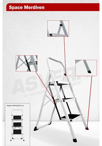 Asvera Space 3 Basamaklı Ev Tipi Metal Merdiven - Katlanır Geniş Kaymaz Mutfak Ve Ev Merdiveni Slim