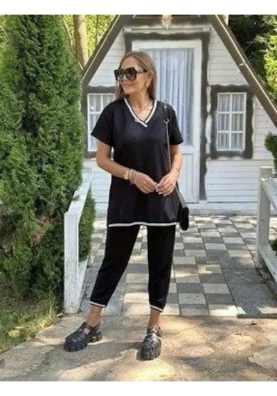 Kadın Kısa Kollu V Yakalı Iki Iplik Bluz Ve Pantolon Ikili Takım Siyah