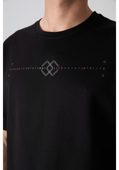 Tommy Life Siyah Pamuklu Kalın Yumuşak Dokulu Oversize Fit Baskılı Erkek T-shirt - 88323 Siyah