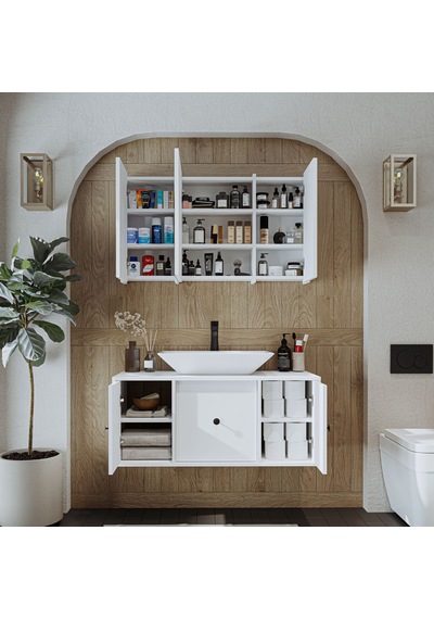 Çanak Lavabolu Mat Mdf 105 Cm Banyo Dolabı + Aynalı Dolap Mat Beyaz