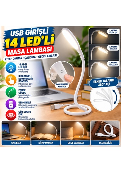 Dilaratrendhouse Usb Girişli 14 Ledli 3 Kademeli Dokunmatik Masa/kitap Okuma Lambası Ledi Beyaz Dlra