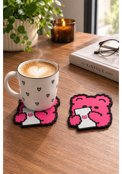 Kemboss Pembe Ayıcıklı Bardak Altlığı 2'li Set - Pvc Kaydırmaz Bardak Altlığı Kahve Kupa Çay Bardağı Altlığı Masa Koruyucu Çok Renkli