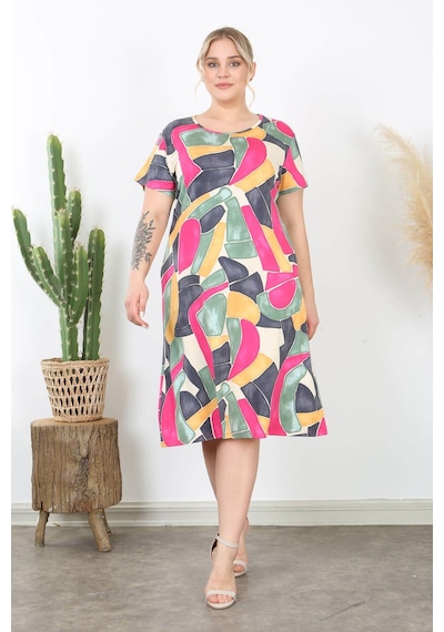 Mooi Xxl Kadın Pembe Gri Geometrik Desen Midi Elbise Pembe