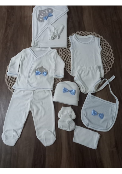 Ponpon Baby Petite Ponponbaby 10 Lu Hastane Çıkışı Seti Kraliçe Taçlı Mavi Beyaz - Mavi