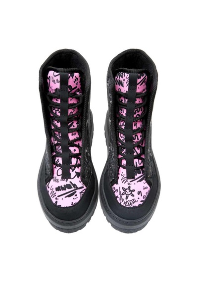 Kadın Vegan Siyah Uzun Bot - Doodle Camo Tasarım Multicolor