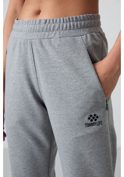 Tommy Life Gri Melanj Gizli Fermuar Cepli Rahat Form Klasik Paça Kadın Eşofman Alt - 94148 GRİ MELANJ