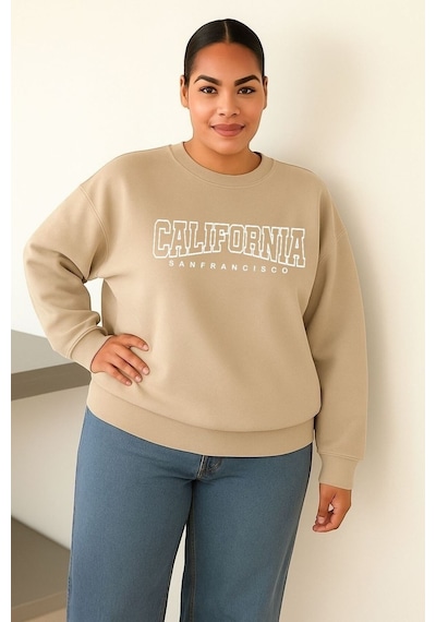 Benroma 3 İplik Penye Calıfornıa Baskılı Unisex Sweatshırt Bej