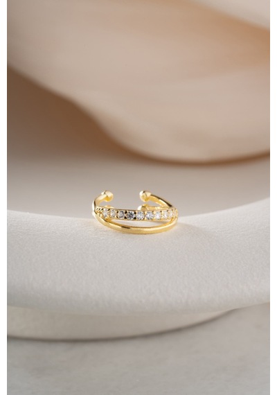 925 Ayar Gümüş Gold Kaplama Zirkon Taşlı Çapraz Model Kıkırdak Küpe Altın