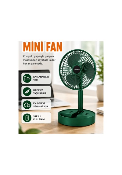 Katlanabilir Şarjlı Mini Fan 3 Kademeli Hız Ayarlı Taşınabilir Tasarım
