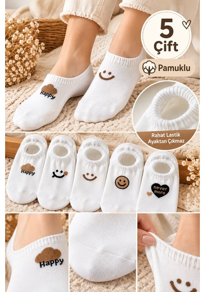 Hitit Socks Kadın 5 Çift Gülen Surat Desenli Günlük Kullanıma Uygun Babet Çorap Asorti