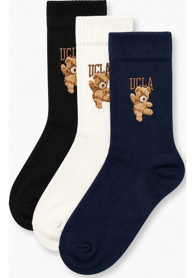 UCLA Jean 3'lü Lacivert Beyaz Siyah Uzun Pamuklu Jakarlı Standard Fit Unisex Çorap Lacivert-beyaz-siyah