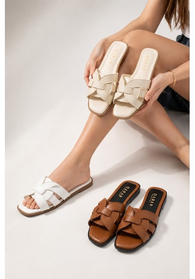 Dabab Shoes Lında 3'lü Paket Örgü Bant Detaylı Kare Burun Düz Taban Terlik Beyaz - Bej - Taba Bej Kombin