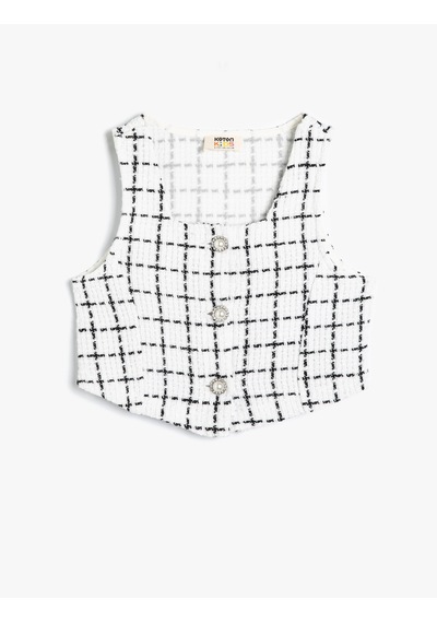 Koton Crop Tüvit Bluz Kolsuz İnci Düğme Detaylı Ekru Çizgili 4skg60112aw Ekru Çizgili