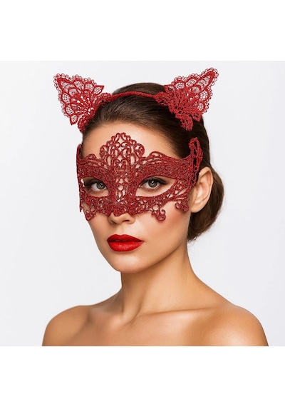 Mey İthalat Romantik Kırmızı Dantel Maske Seti Kedi Kulaklı Taç Ve Maske 3 No