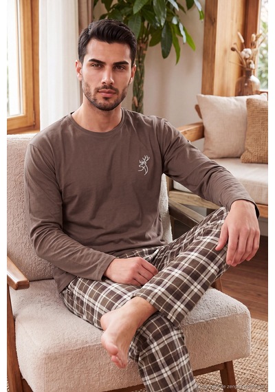 Buratti Ekoseli Pamuklu Bisiklet Yaka Uzun Kollu Pijama Takımı Erkek Pijama Takımı 6575003 Kahve