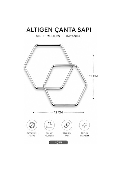 Vollen Yarn Altıgen Metal Çanta Sapı 12 Cm 1 Çift 2 Adet Geometrik Çanta Kulpu El Yapımı Çanta Aksesuarı Gümüş