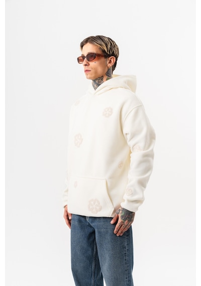 Respire Erkek Süzene Nakış Detaylı Kapüşonlu Oversize Polar Hoodie Ekru