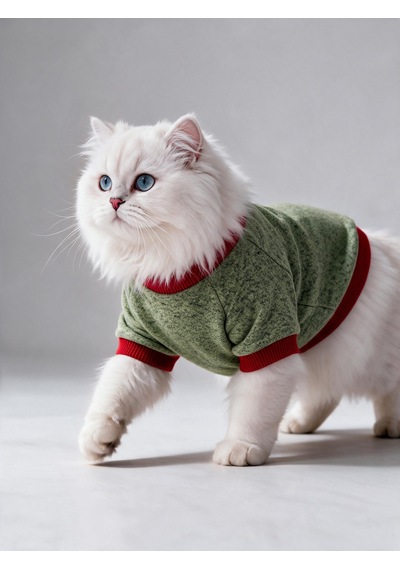Çilek Tadında Kedi Sweatshirt Yeşil Kırmızı Sıcak Tutan Yumuşak Kedi Kıyafeti