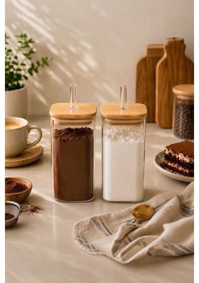 Porsima Cubes 2'li Bambu Kapaklı Borosilikat Cam Yağlık Ve Baharatlık Seti 290 Ml 6x10 Cm