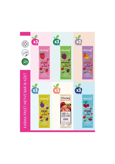 Mixmey Karma 3 Meyve Bar 18 Adet | Atıştırmalıklar – Vegan, Glutensiz, Koruyucusuz 20gr X 18 Adet