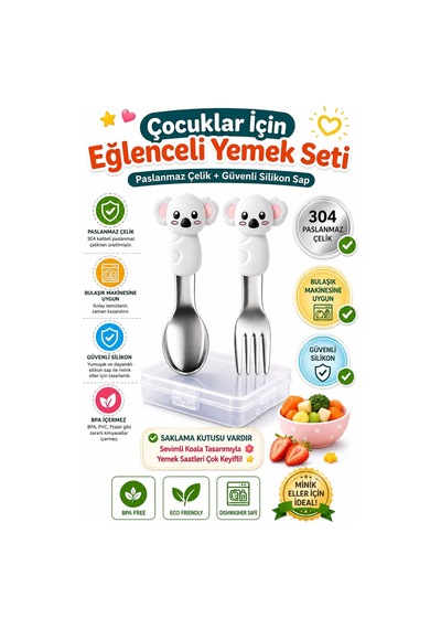 Koala Figürlü Açık Gri Premium Çocuk Bpa Free Silikon Saplı Paslanmaz Çelik Uçlu Çatal-kaşık, 9+ Ay