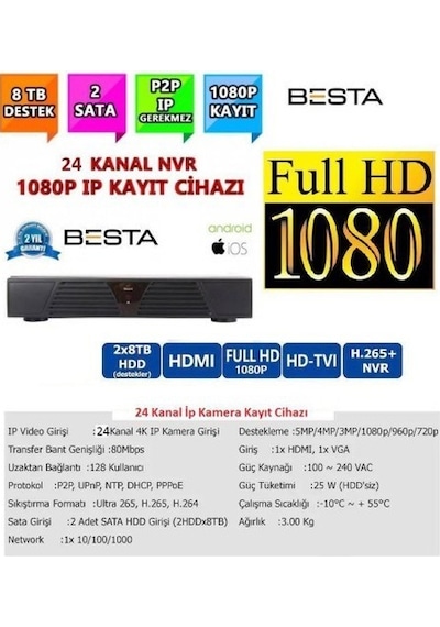 24 Kanal Ip Kamera Kayıt Cihazı 1080p Nvr Eseecloud 2mp