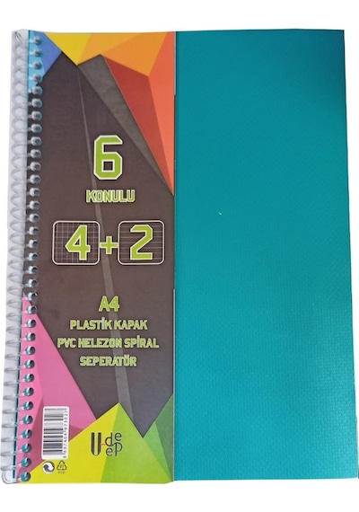 4+2 Ayraçlı Defter 6 Konulu 150 Yaprak 1 Adet 4 Kareli 2 Çizgili Spralli Plastik Kapak Seperatörlü Yeşil