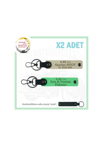 Motorcu Tarzı Plakalı & İsimli X2 Deri Set Anahtarlık, A Rh + Kan Grubu İle, S Kahve-f Yeşil-syh Çok Renkli