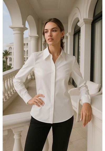 Rich Kadın Ekru Gizli Düğme Detaylı Slim Fit Trend Krep Gömlek Çok Renkli