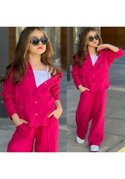 Müslin Gömlekli Atletli Fiyonk Desenli Kız 3 Lü Takım 5-14 Yaş -3805650 - Koyu Pembe