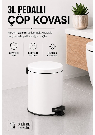 Pedallı Çöp Kovası 3 Litre İç Kovalı Kapaklı Banyo Çöp Kutusu Beyaz - Elit 7003