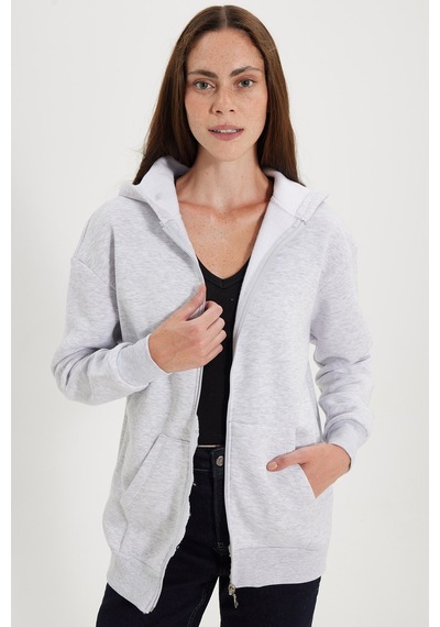 Tudors Kadın Oversize Geniş Kesim %100 Pamuk Kapüşonlu Fermuarlı Cepli Gri Sweatshirt-52773