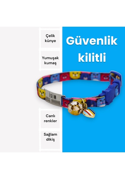 Caramelos Güvenlik Kilit İsimli Kedi Tasması-sallanmayan İsimlik-