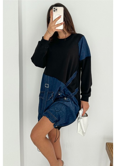 Femelle Kadın Sweat Denim Patchwork Elbise Oversize Cepli Büzgülü %100 Pamuk Spor Elbise Lacivert Femelle Kadın Sweat Denim Patchwork Elbise Oversize Cepli Büzgülü %100 Pamuk Spor Elbise Lacivert