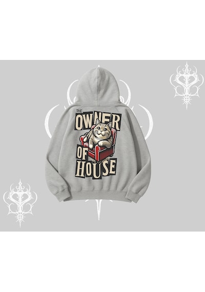 Startmore The Owner Of House Kedi Arka Baskılı Kapşonlu Sweatshirt Gri