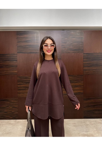 Blue Day's Oysho Kumaş Tesettür Pantolonlu Takım Kahverengi