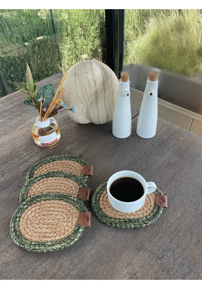 4 Adet Oval Dekoratif Bardak Altlığı Seti - Yuvarlak , Leke Tutmaz - Naturel-yeşil 13x17 Cm Yeşil