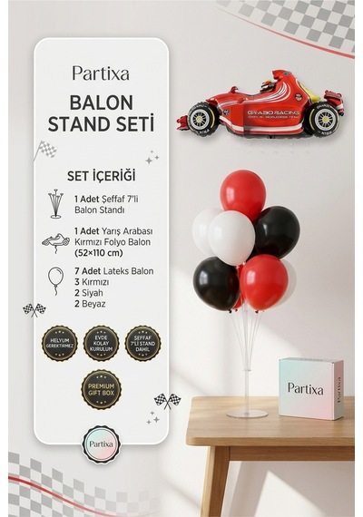Yarış Arabası Kırmızı Balon Stand Seti Şeffaf 7 Li Stand + Yarış Arabası Folyo Balon 52 110 Cm + 7 Lateks Balon