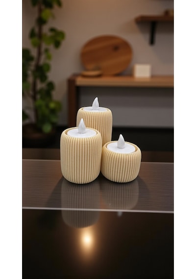 3 Lü Tealight Mumluk Seti Dekoratif Modern Silindir Tasarım-lüks Tasarım- Dekoratif Işık Seti Krem