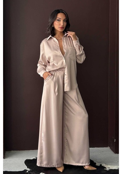 Verymoda Yüksek Bel Bol Paça Saten Pantolon Şık Ve Rahat Tasarım F2052 Taş
