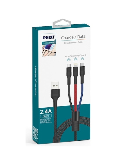 Phixi CB631 Force Örgülü Ve Güçlendirilmiş 100 Cm Çoklu Şarj Ve Data Kablosu Phixi CB631 Force Örgülü Ve Güçlendirilmiş 100 Cm Çoklu Şarj Ve Data Kablosu