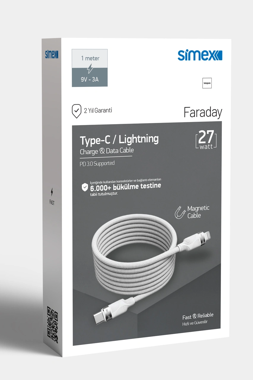 Simex Faraday Type-c / Lightning Şarj Ve Data Kablosu 27w Pd 3.0 Destekli, 1 Metre Standart