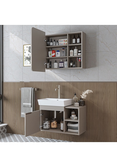 Likya Mdflam Lavabolu Banyo Dolabı Takımı, Tek Kapaklı 72 Cm Lavabolu Banyo Alt Dolabı + Üst Dolabı Kumtaşı Likya Mdflam Lavabolu Banyo Dolabı Takımı, Tek Kapaklı 72 Cm Lavabolu Banyo Alt Dolabı + Üst Dolabı Kumtaşı