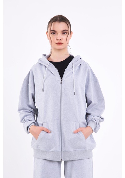 Comeor Gri Kanguru Cepli Kapüşonlu Fermuarlı Oversize Kadın Sweatshirt Cmrb73-gri Gri
