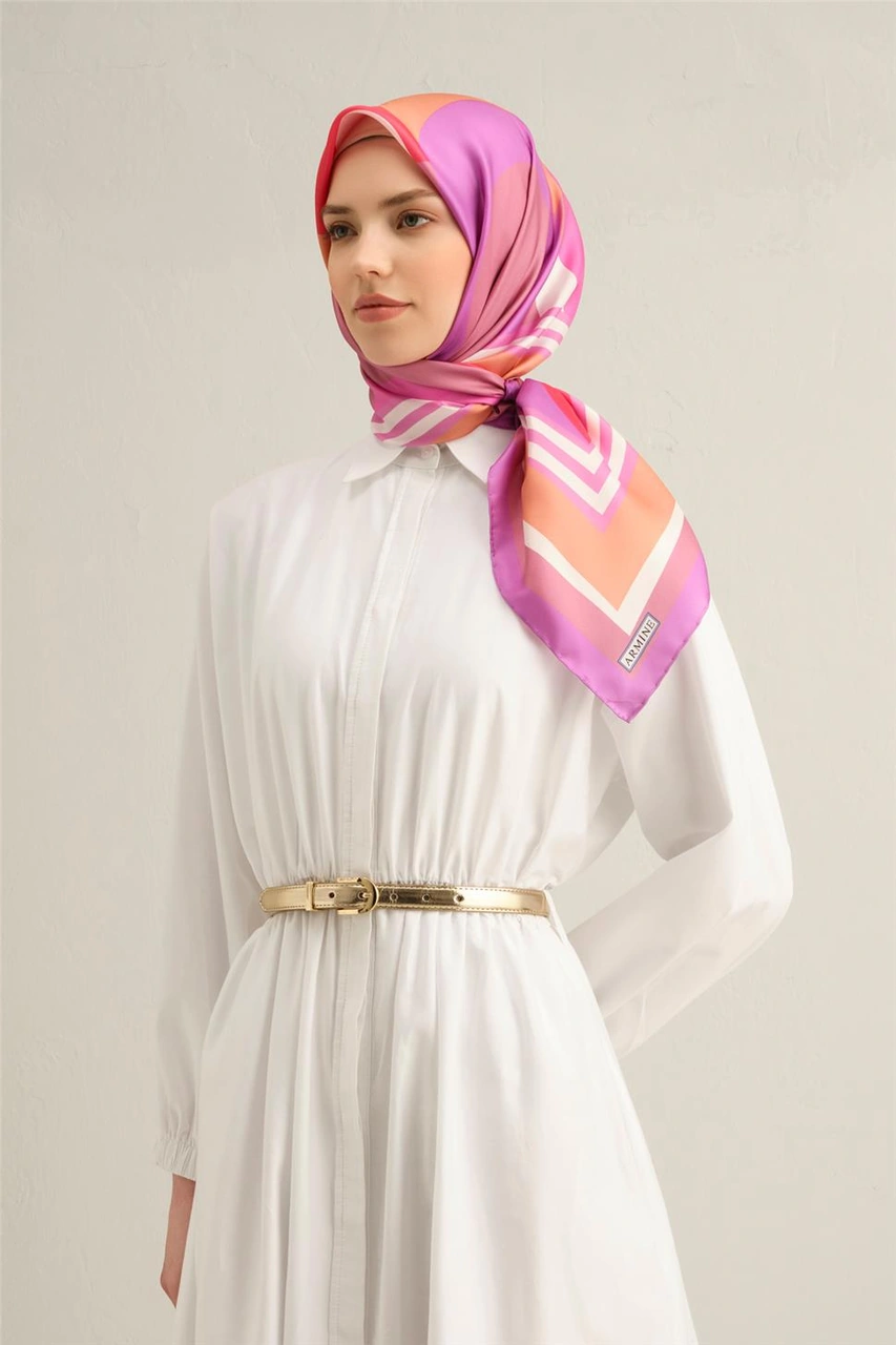 Armine Geometrik Desenli Saf İpek Sura Eşarp 9313d 57 Pembe