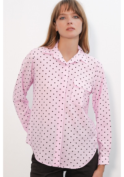 Bigdart Kadın Tek Cepli Puantiyeli Oversize Gömlek 20399 - Pembe