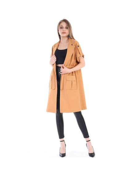 Mono Yaka Beli Tünelli Cepli Apoletli Kısa Kol Astarsız Bej Yelek