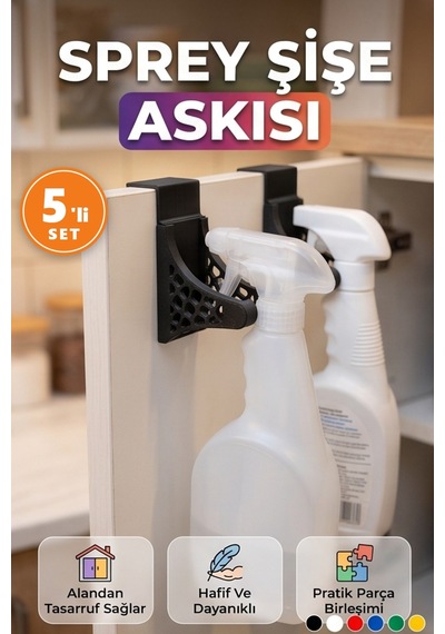 Sprey Şişe Askısı Duvar Tipi Temizlik Şişesi Tutucu Düzenleyici 5'li Set Siyah